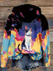 Women's Artistic Cat Print Hoodie - Casual Long Sleeve with Drawstring, Polyester & Spandex Blend, Machine Washable