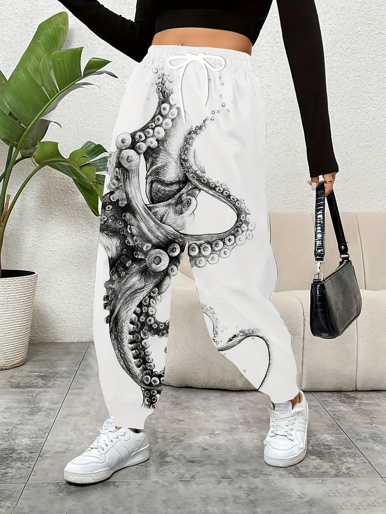 Octopus Print Fitted Bottom Joggers, Casual Drawstring Waist With Pockets Sporty Pants For Spring & Summer, Women's Clothing