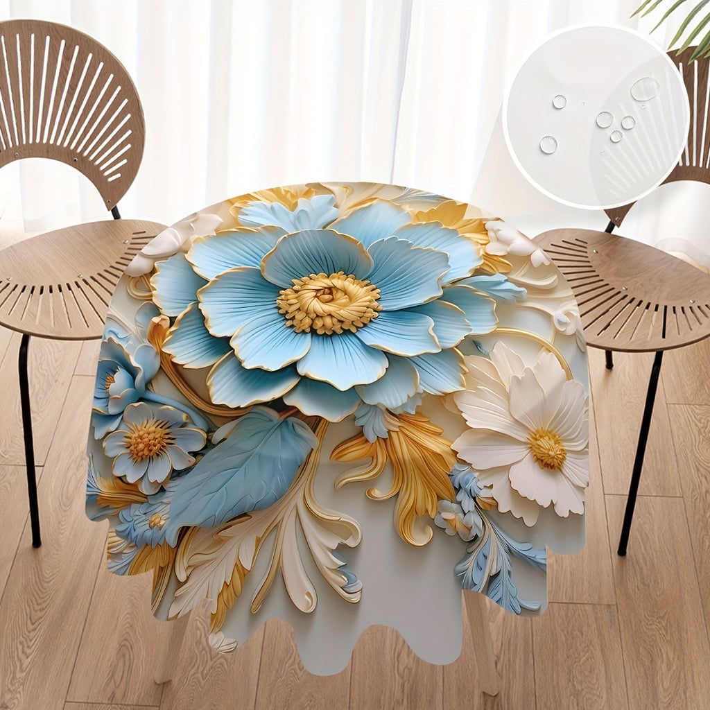 Polyester Round Tablecloth – Stain Resistant and Waterproof Floral Print, Machine Woven Pleated Table Cover for Party, Home, Kitchen, Banquet, Patio – Decorative Gift, No Fade, Washable