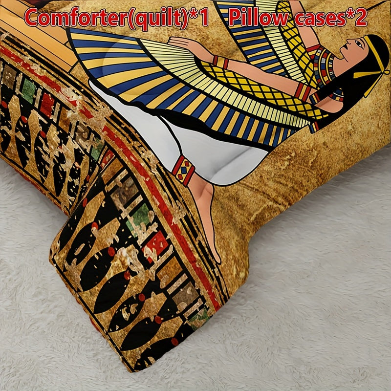 3PCS Egyptian Art Comforter Set 1 Quilted Comforter + 2 Pillow Cases - Breathable Soft Polyester Filling And Cover, Classic Print