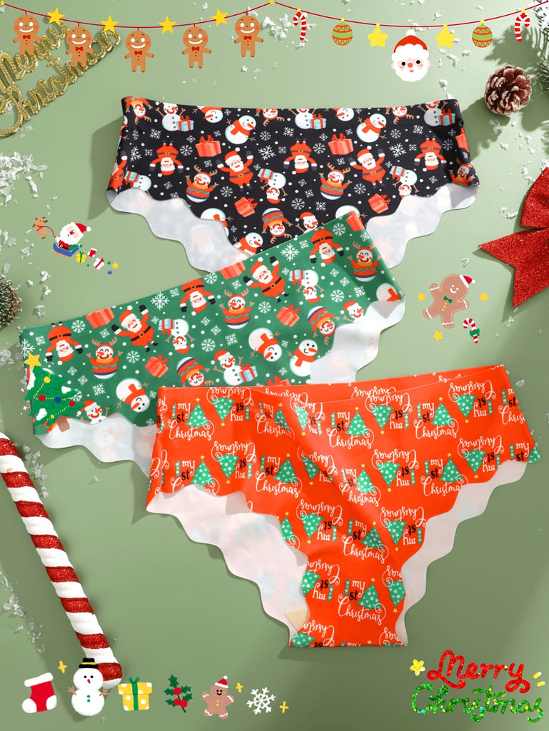 3-Pack Festive Christmas Cartoon Pattern Women'S Briefs, Comfortable Stretch Polyester Underwear with Ruffle Trim, Breathable Lingerie Set