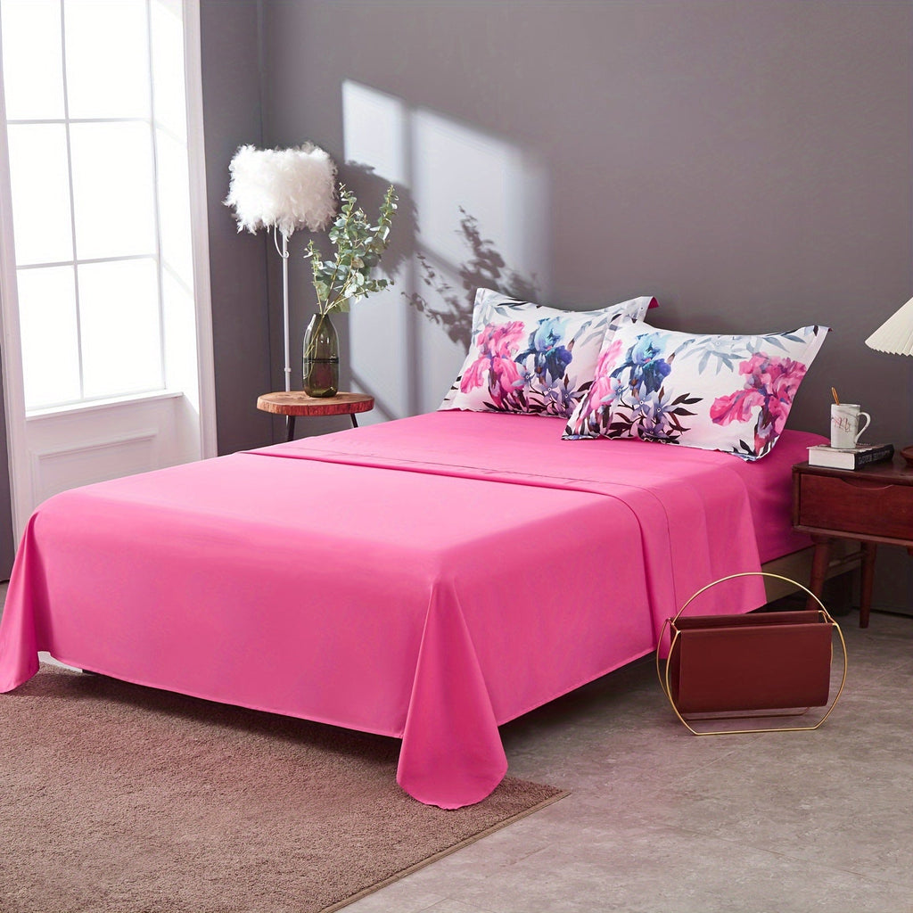 7Pcs Pink And Blue Botanical Flowers Leaves Comforter Set - Stain-Resistant, Soft 100% Microfiber Cover, 100% Polyester Fiber Filling, Woven For Durability - Queen/King Size Bed In A Bag For All Seasons, Floral Print Bedding
