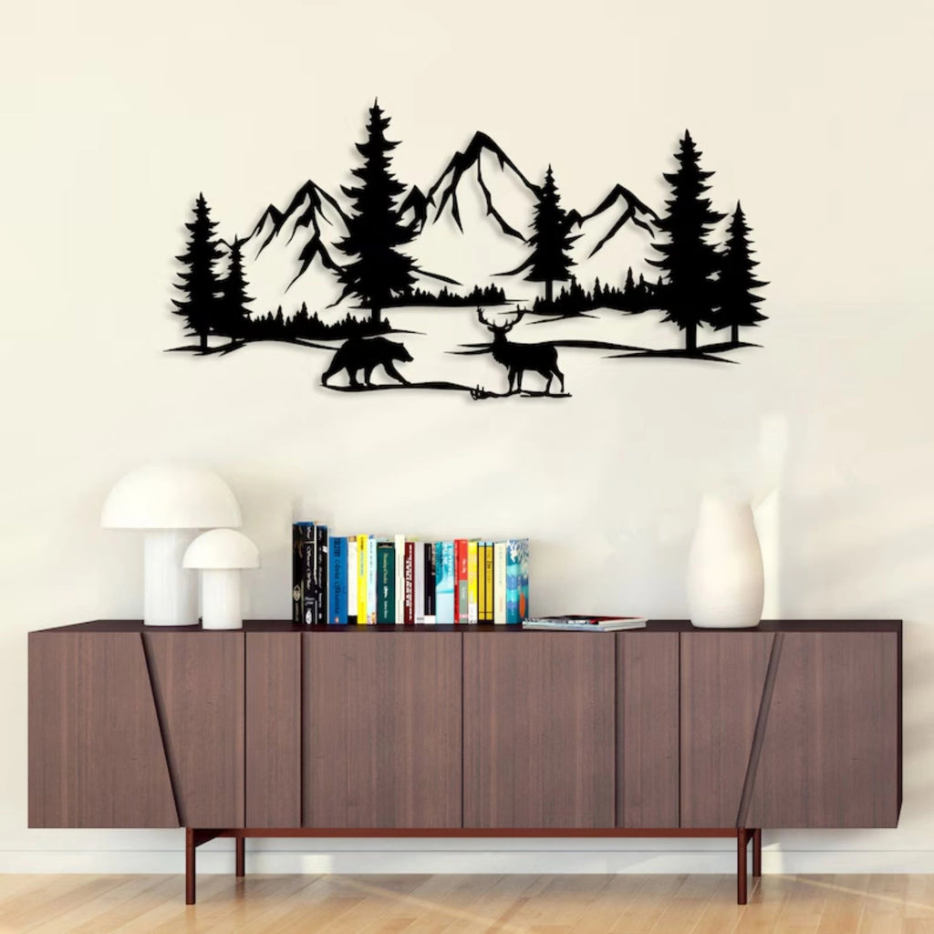 Rustic Metal Wall Art - Mountain & Forest Scene with Pine Trees and Bear, Perfect Gift for Nature Lovers, Oversized Farmhouse Decor, Ideal for Fireplace Mantle