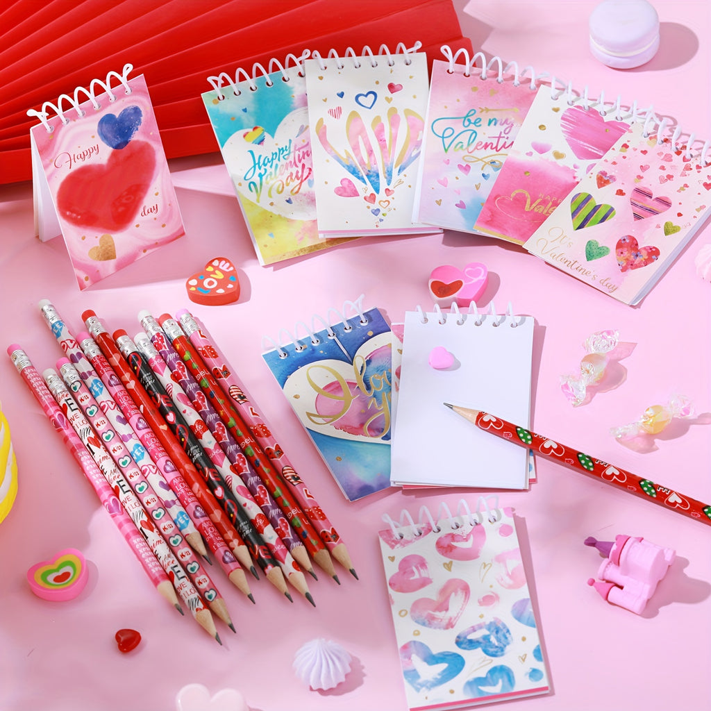 48 Pcs Valentines Day Stationery Set Mini Valentine Spiral Notepad Valentine's Day Pencil Valentines Spiral Notebooks Valentine Gift for Exchange Gifts Party Favors (Elegant Style)