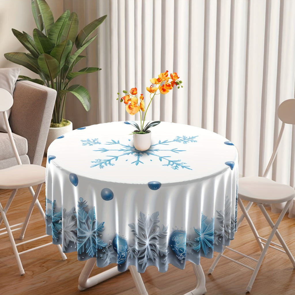 1pc Heat-resistant Polyester Woven 63inch Round Shape Tablecloth, Machine Made Winter Christmas Light Blue Snowflake Pattern Print, Dust-proof Household Art Table Cloth Tapestry Curtain for Dinning Room and Yard, Holiday Party Decor