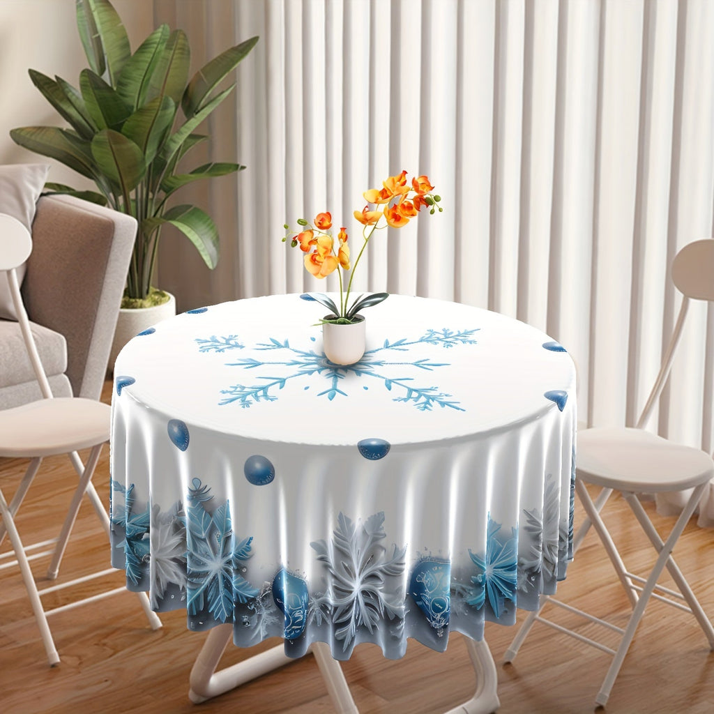 1pc Heat-resistant Polyester Woven 63inch Round Shape Tablecloth, Machine Made Winter Christmas Light Blue Snowflake Pattern Print, Dust-proof Household Art Table Cloth Tapestry Curtain for Dinning Room and Yard, Holiday Party Decor