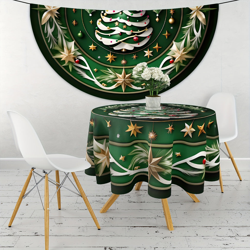 Christmas Cheer Round Tablecloth - 63" Festive Cedar & Star Design, Waterproof Polyester, Perfect for Holiday Dining, Parties, BBQs & Picnics