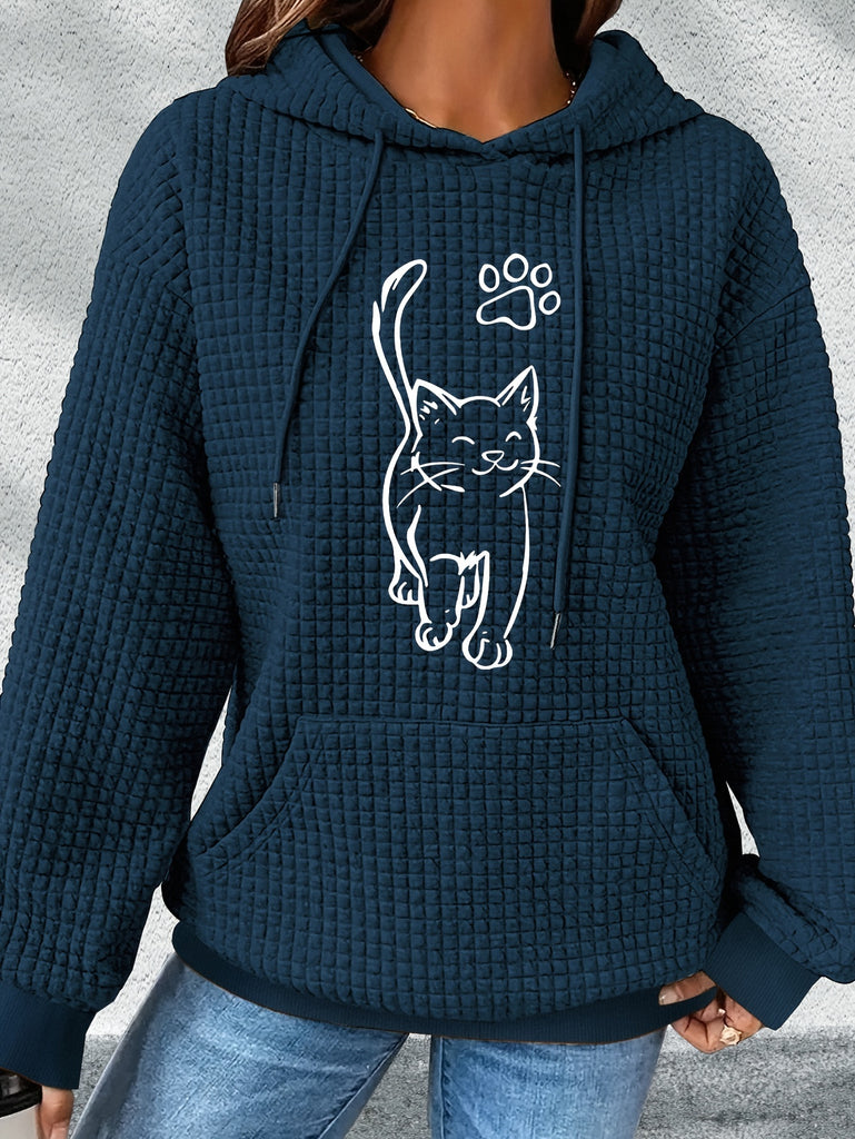 Cat Print Waffle Kangaroo Pocket Hoodie, Casual Long Sleeve Drawstring Hoodies Sweatshirt, Women's Clothing