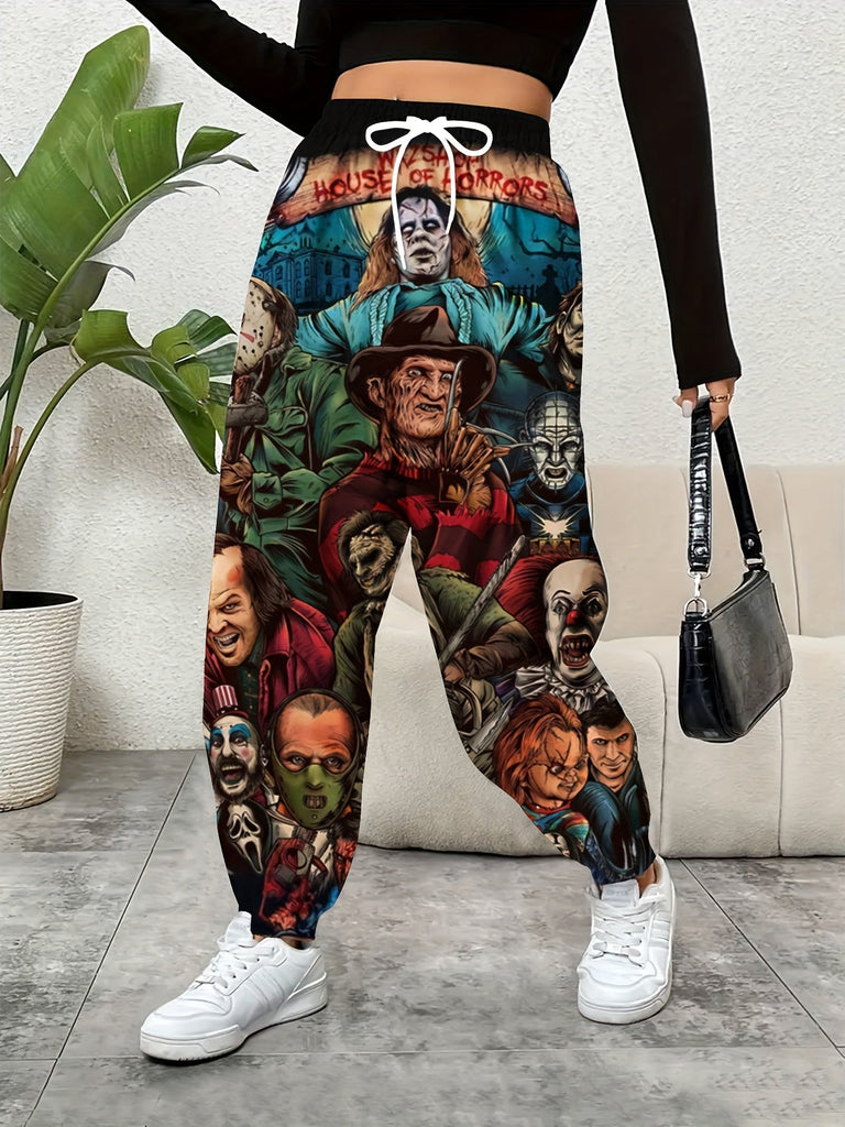 Figure Print Elastic Waist Sporty Pants, Casual Baggy Drawstring With Pockets Pants For Every Day - Women's Clothing -  For Women - Suitable for Casual Wear, Sports & Loungewear - Perfect Gift for Fashionable Women