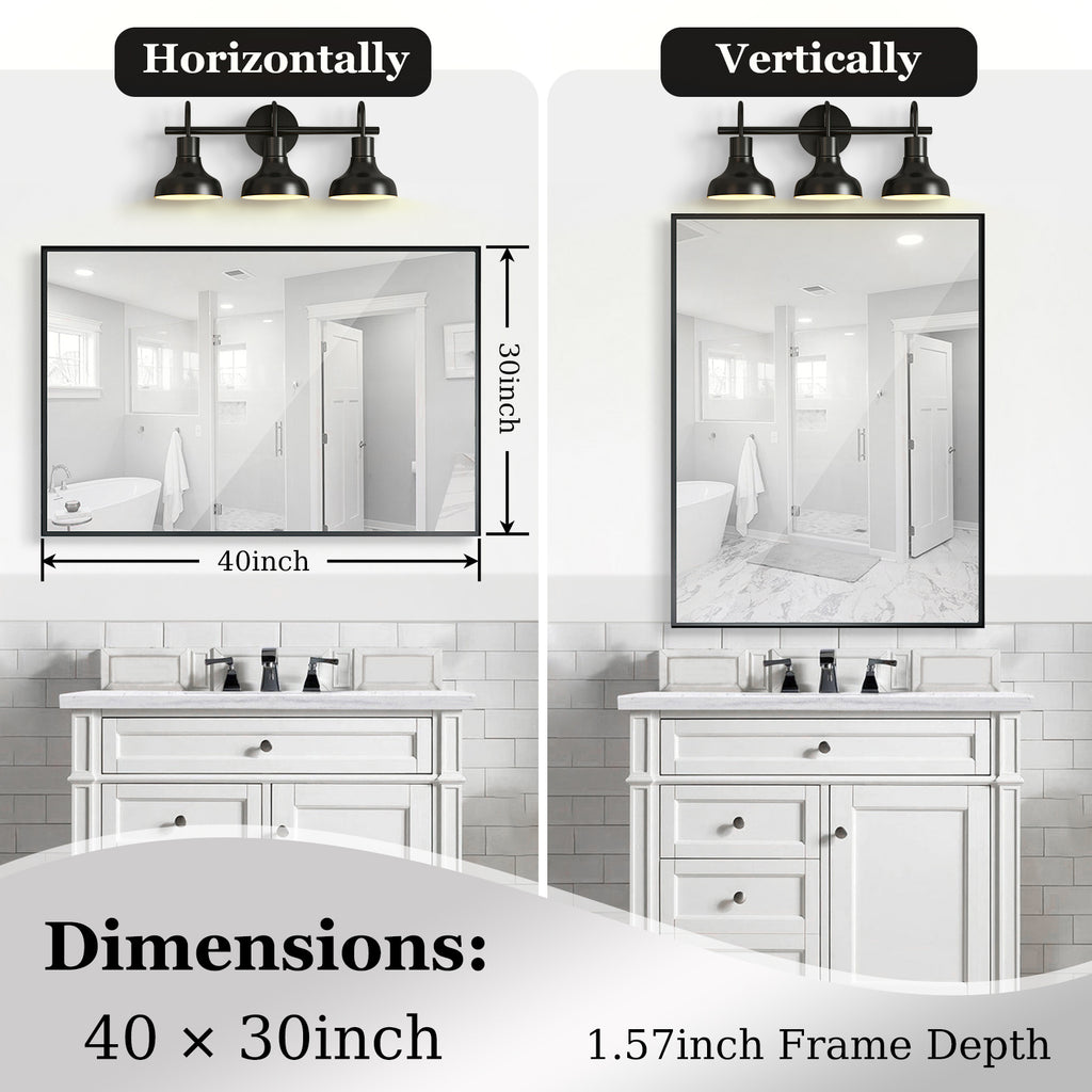 40x30 Inch Glossy Black Bathroom Mirror Wall Rectangular Vanity Mirror