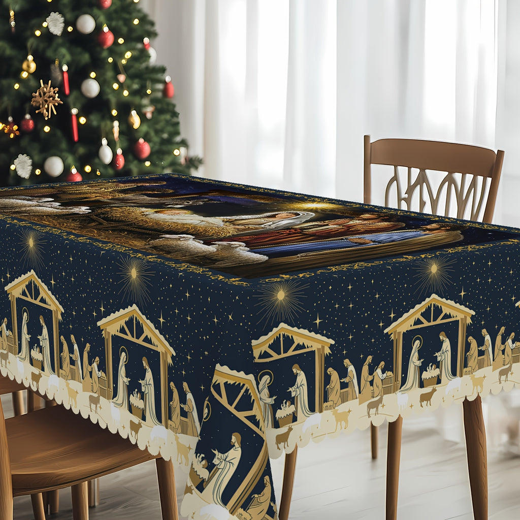 Christmas Nativity Scene Tablecloth - 100% Polyester, Rectangular, Waterproof and Wrinkle Resistant, Scallop-Edged Holiday Table Cover, Machine Washable, for Party and Home Decor