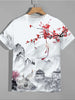 Men's Casual Short Sleeve T-Shirt, Traditional Ink Painting Design, Breathable And Fashionable Summer Top With Stylish Landscape And Red Blossom Print