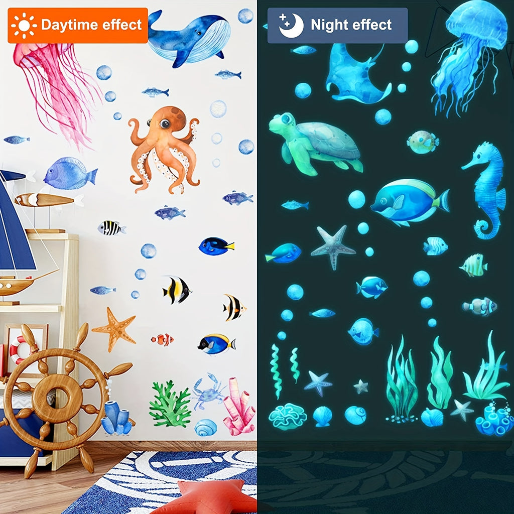 85pcs Glow in the Dark Ocean Fish Wall Decals - Durable Waterproof Peel & Stick Stickers with Mesmerizing Glow Effect - Suitable for Rooms, Bathrooms, and More!