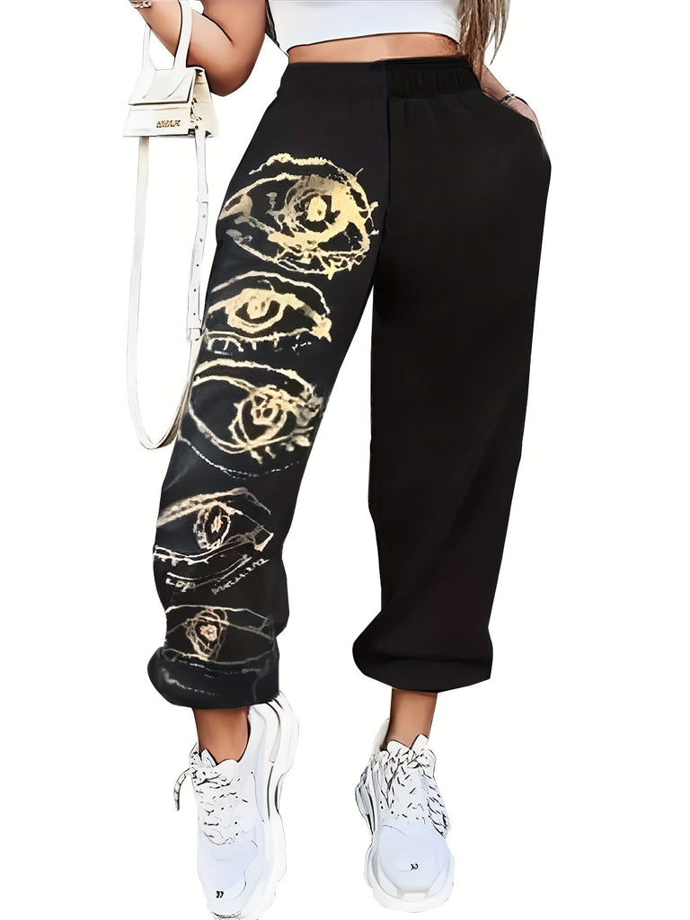 Graphic Print Loose Jogger Sweatpants, Casual Elastic Waist Pocket Pants For Fall & Winter, Women's Clothing