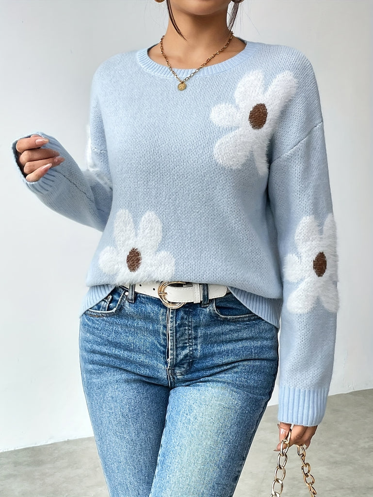 Floral Drop Shoulder Sweater for Women, Long Sleeve Crew Neck Pullover for Winter & Fall