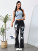 Women's Retro Skull Print Flare Jeans - Stretch Denim, Machine Washable, Perfect for Casual Wear