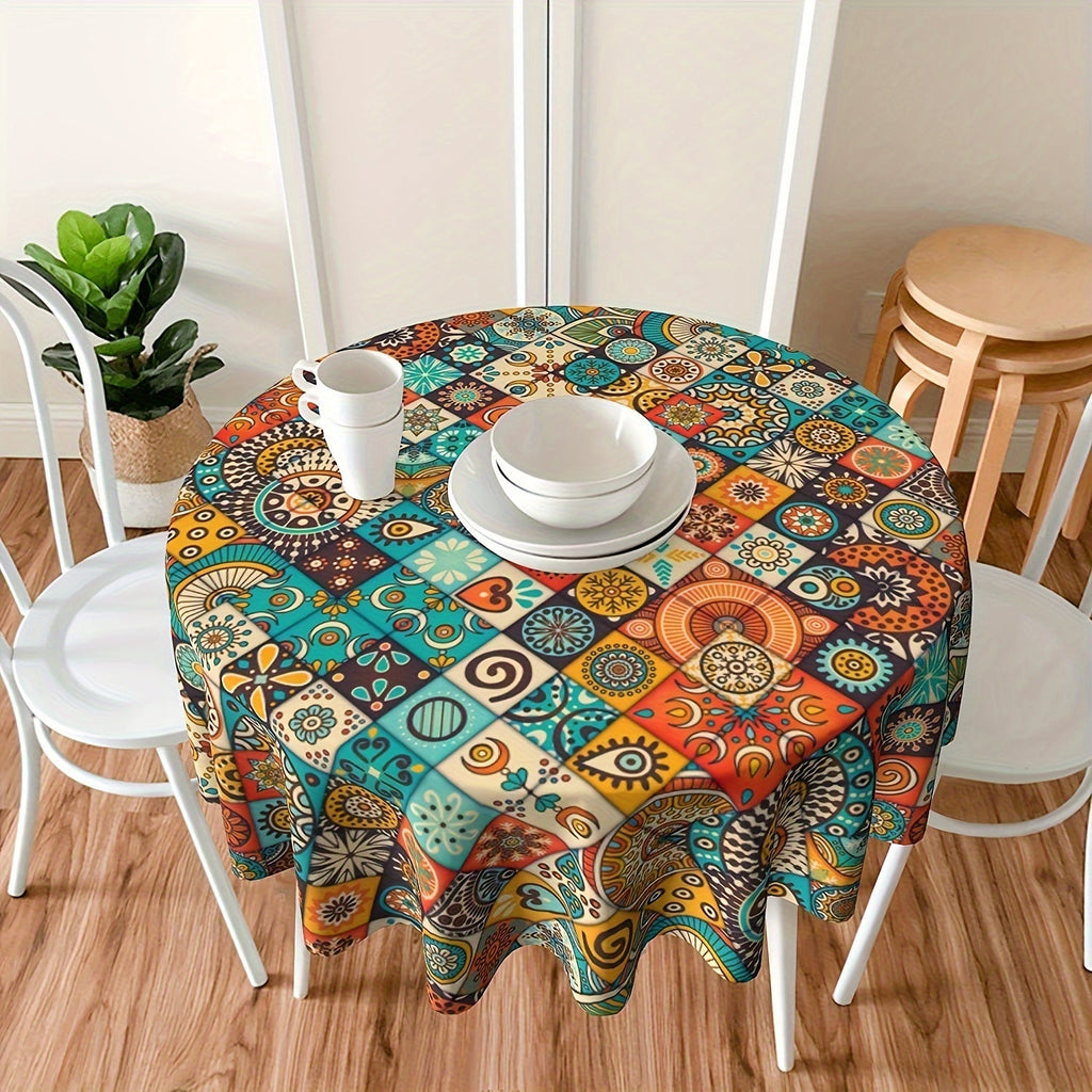 1pc Boho Round Tablecloth 60 Inch, Bohemian Circle Table Cloth, Stain Resistance, Water Repellent And Wrinkle-Free, Colorful Table Cover Decor For Home Kitchen Dining Party Patio Indoor And Outdoor Use