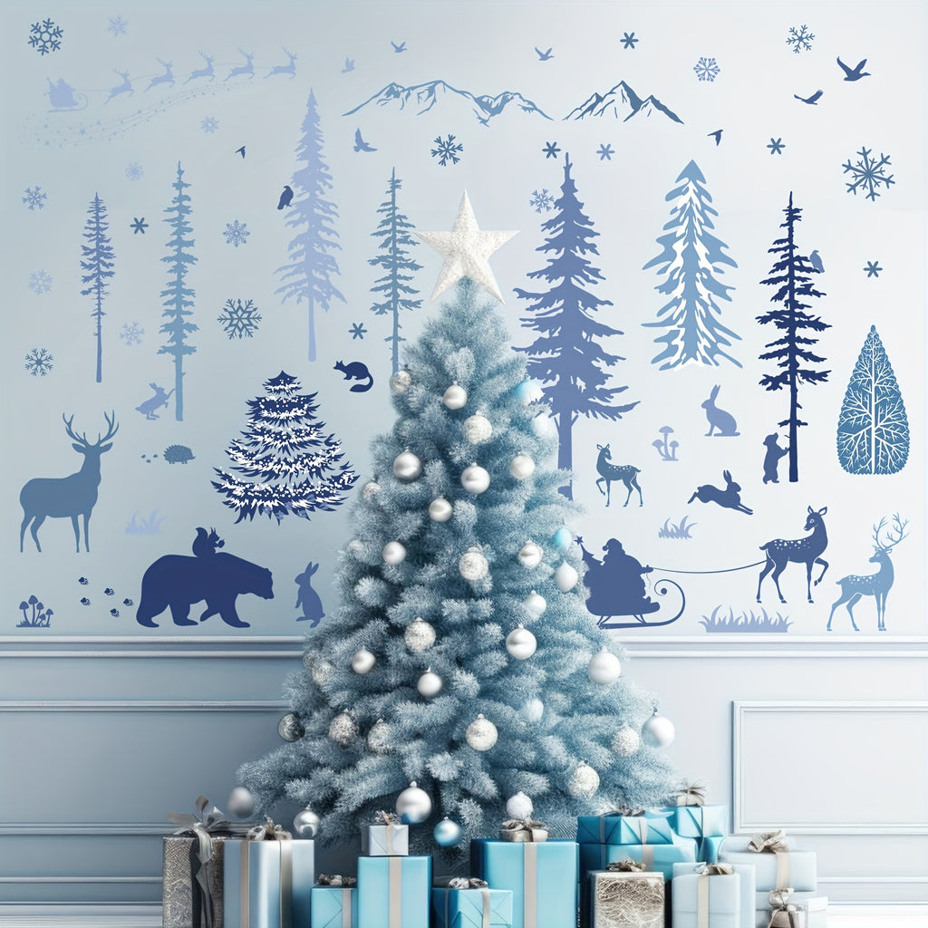 4 Sheets Christmas Wall Stickers Roll Winter Scene Blue Floor Decals Forest Animals Prints Waterproof Art PVC Plastic Window Decor for Xmas DIY Home Party