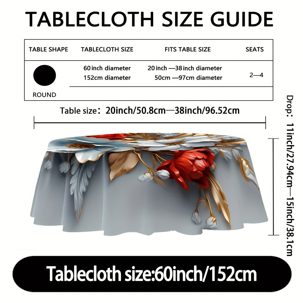 1PC Polyester Round Tablecloth - Floral Digital Print, Water & Stain Resistant, Machine Woven, Pleated Design for Dining, Parties, BBQs, and Weddings - Versatile Home and Outdoor Decor