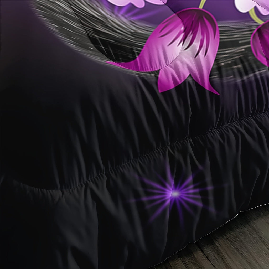 3pcs Purple Cartoon Cat Print Comforter Set, Daisy Butterflies Printed Soft Comfortable Comfortable Bedding Set, For Bedroom Guest Room Dorm (1*Comforter + 2*Pillowcase, Without Core)