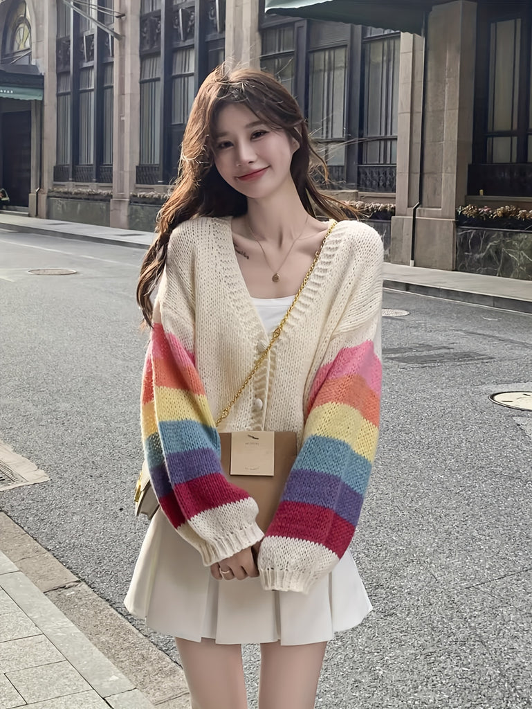 Women's Asian Style Acrylic Knit Cardigan - Fall/Winter Fashion V-Neck Long Sleeve Sweater with Color Block Design and Button Placket