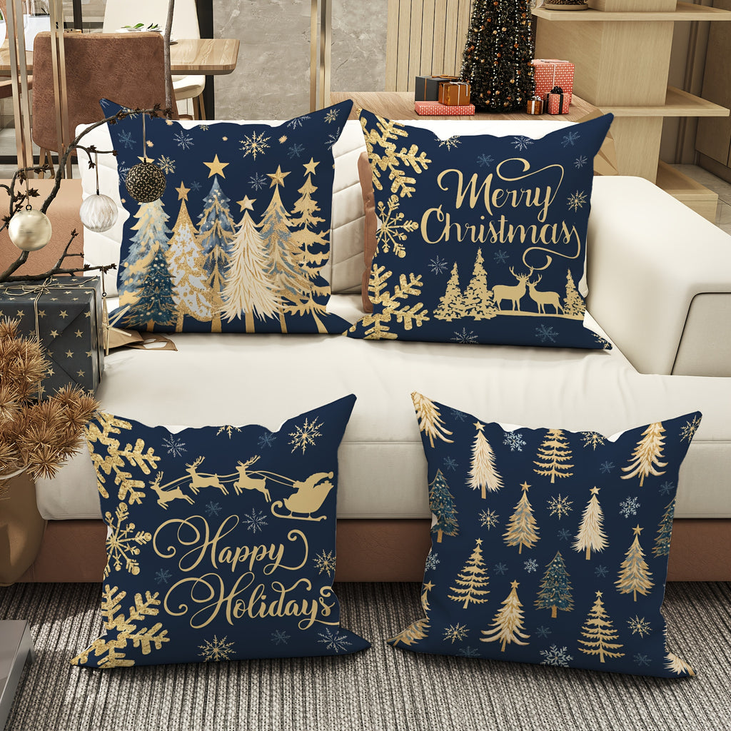 4pcs Set of Festive Velvet Throw Pillow Covers - Christmas Deer, Tree & Snowflake Designs in Blue and Golden - Soft, Cozy Decorative Cushion Cases for Living Room & Bedroom - Machine Washable, Zip Closure, Christmas Decor