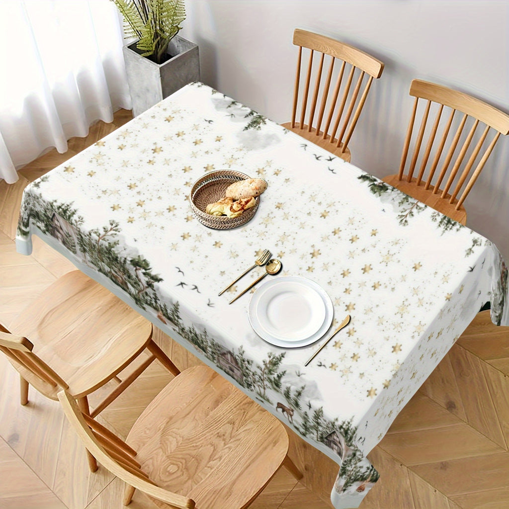 Christmas-Themed Polyester Tablecloth - Golden Stars, Snowflakes & Forest Deer Design | Perfect for Holiday Dining & Picnics