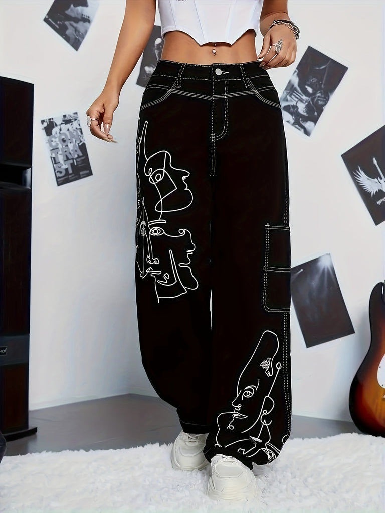 Y2K Style Abstract Cartoon Face Print Patchwork Cargo Denim Jeans, Casual Wide Leg Pants, Non-Stretch, High-Waisted, Streetwear Fashion