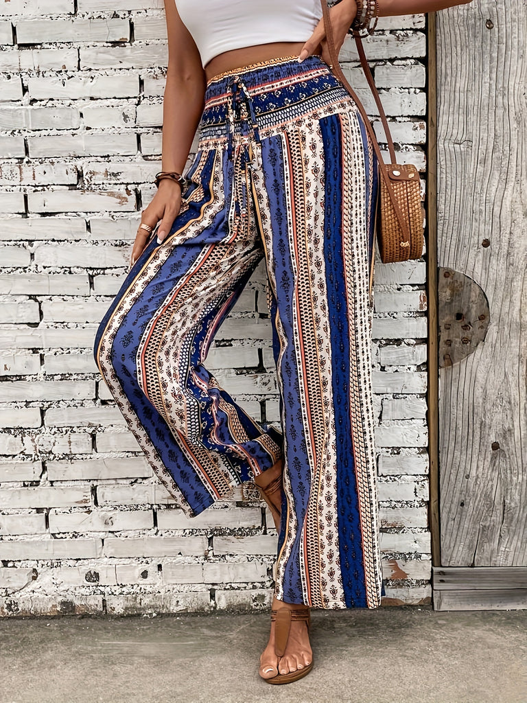 Bohemian Ethnic Graphic Print Pants - Flowy Wide Leg, Elastic Shirred Waist, Womens Fashionable Casual Wear