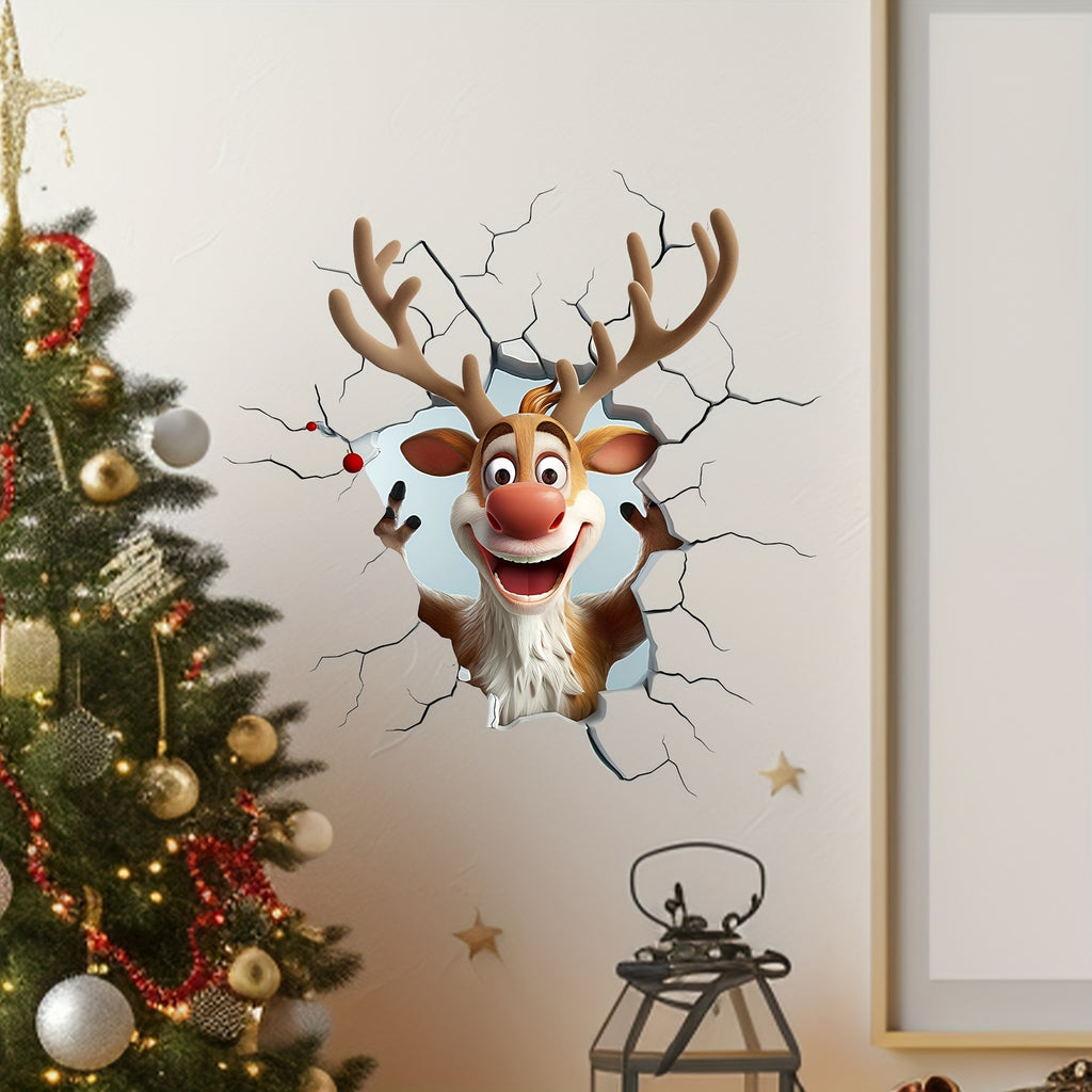 Modern 3D Reindeer Wall Sticker - Cartoon Pattern, Self-Adhesive, Reusable, Irregular Shape, Multi-Surface Mount, Plastic, No Electricity or Battery Needed, Ideal for Christmas Home Decor