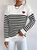 Heart Pattern Striped Crew Neck Sweater, Elegant Long Sleeve Sweater For Fall & Winter, Women's Clothing