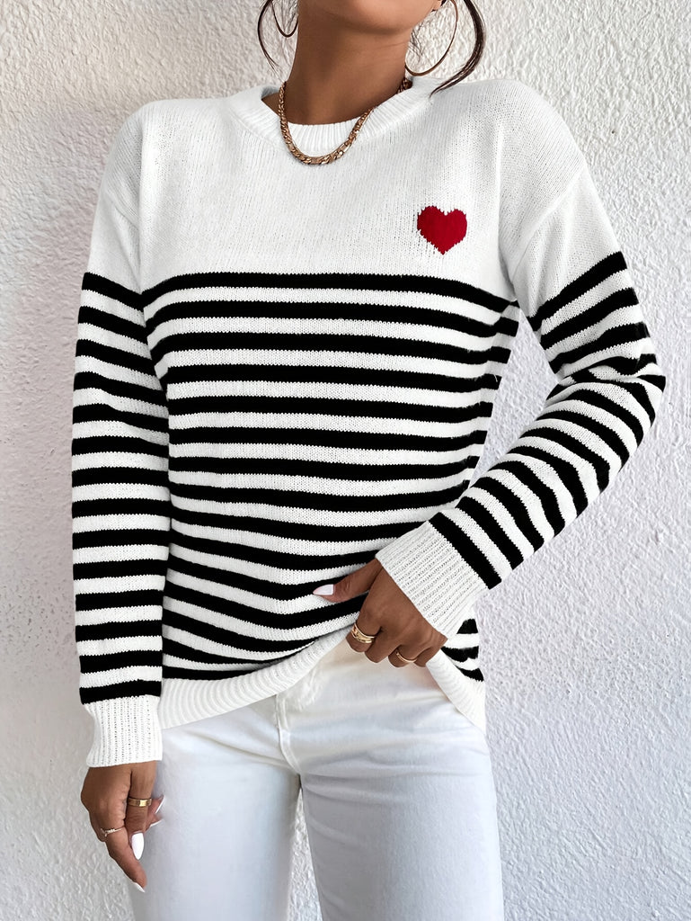 Heart Pattern Striped Crew Neck Sweater, Elegant Long Sleeve Sweater For Fall & Winter, Women's Clothing