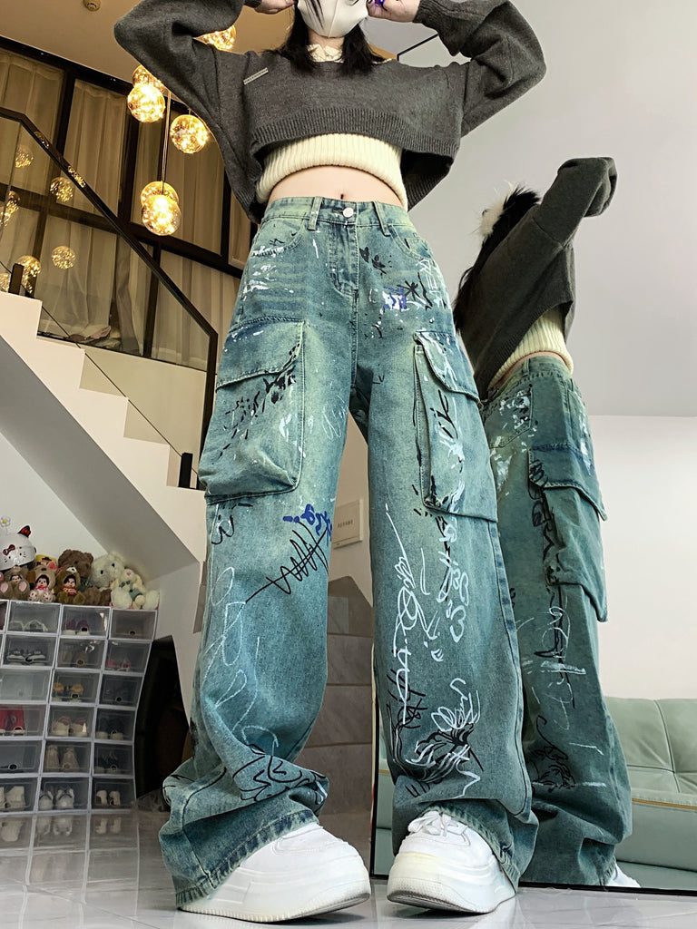 Women's Casual Geometric Graffiti Pattern Wide-Leg Denim Jeans, Cotton Blend, Slight Stretch, All-Season Washed Vintage Streetwear, Straight Fit Button Fly Long Pants