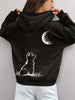 Cat & Moon Print Pullover Hoodie, Casual Long Sleeve Kangaroo Pocket Hoodies Sweatshirt For Fall & Winter, Women's Clothing