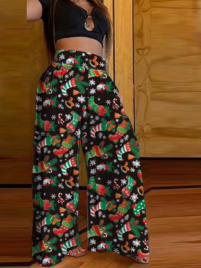 Women's High Waist Wide Leg Christmas Allover Print Pants - Casual Loose Fit, Comfortable Holiday Wear