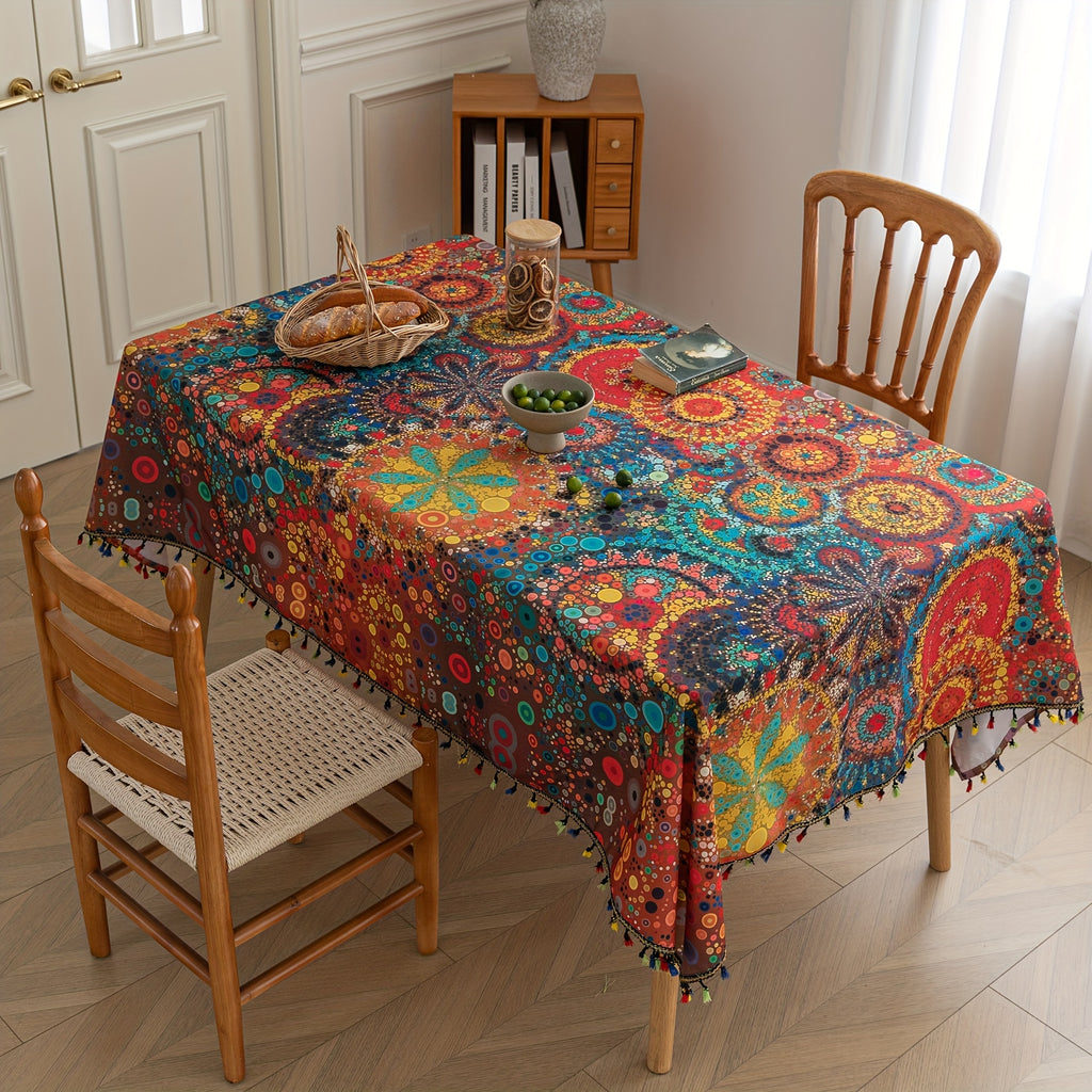 Vibrant Red Polka Dot Bohemian Linen Tablecloth with Tassels - Stunning Geometric Digital Print, Washable, Durable, and Easy Care for Festive Gatherings, Everyday Meals, and Outdoor Parties - Handcrafted with Love for a Unique Touch