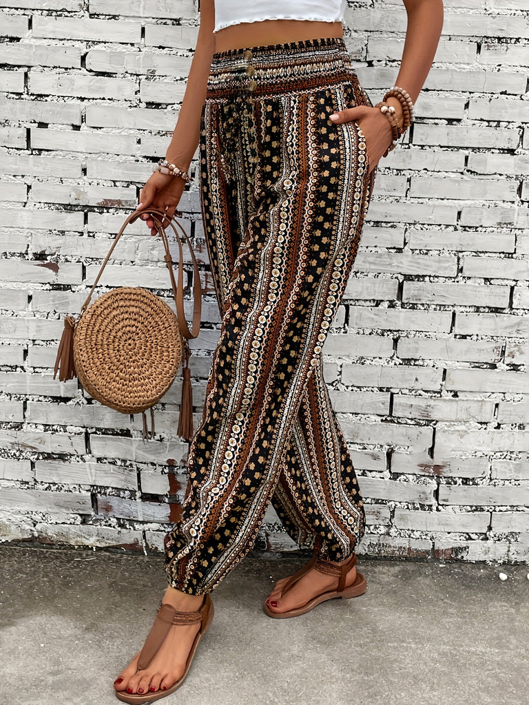 Trendy Tribal Print Jogger Pants - Comfortable Button Detail, Boho Loose Fit for Spring & Summer - Womens Fashion Essential