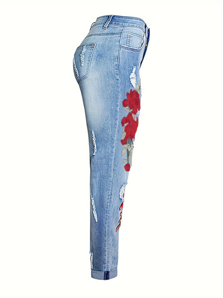 Women's Elegant Jeans - Plus Size Floral Print Ripped Roll Hem High Stretch Distressed Denim Pants - For Women - Suitable for Casual & Party Occasions - Perfect Gift for Fashionable Ladies