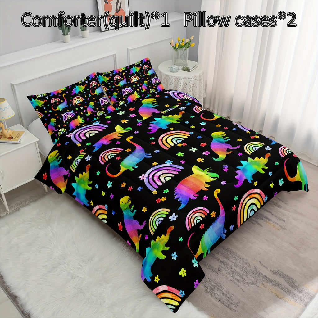 Rainbow Dinosaur Comforter Set Colorful Dino Bedding Set, Cartoon Dinosaur Comforter With 1 Comforter And 2 Pillowcases Ultra-Soft Lightweight