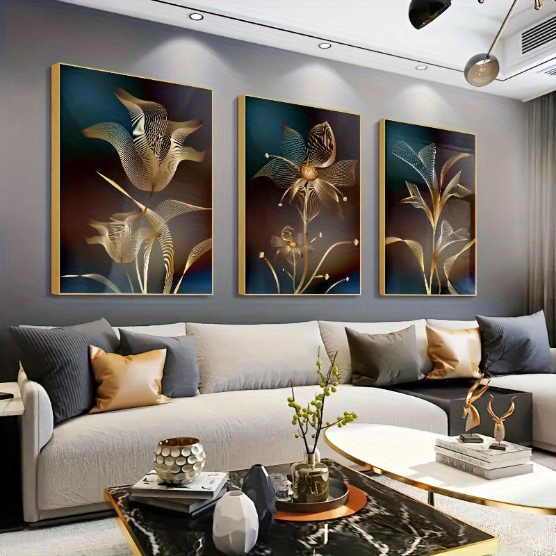 Black Color And Gold Color Style Canvas Wall Artwork, Abstract Black And Gold Line - Bloom Floral Modern Art Picture, For Modern Living Room Bedroom Decor (framed, 3Pcs)