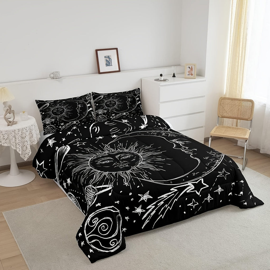 2/3Pcs Sun And Moon Bedding Set, Bohemian Style Comforter Set For Men Women, Galaxy Comforter Cosmic Celestial Quilt Set 1 Comforter With 1/2 Pillowcase, Room Dormitory Decor, All Season Lightweight Soft Warm, Christmas Gifts Decoration Ornaments