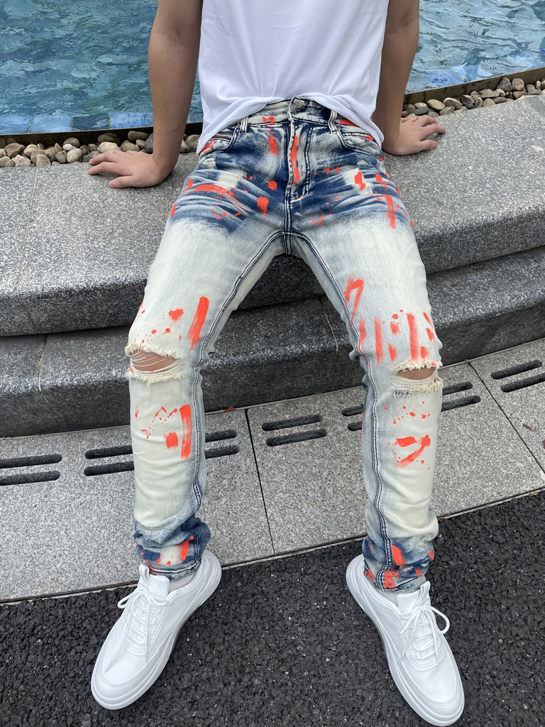Men's Fashion Stretch Pants, Full Strip Hand Printing, Hole Technology, Creasing Cat Wash, Watch Bag Decorative Zipper, Tight Style, Suitable For All Seasons