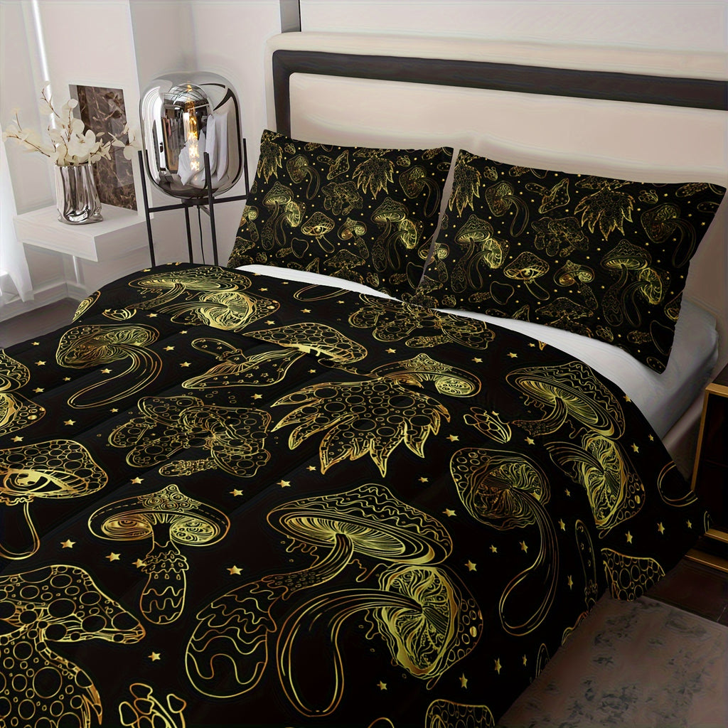 3pcs Mushroom Print Bedding Duvet Set, Suitable For Bedroom, Guest Room Soft And Comfortable Comforter Set, Gift For Family And Friends (1*Comforter+ 2*Pillowcase, Core Not Included)