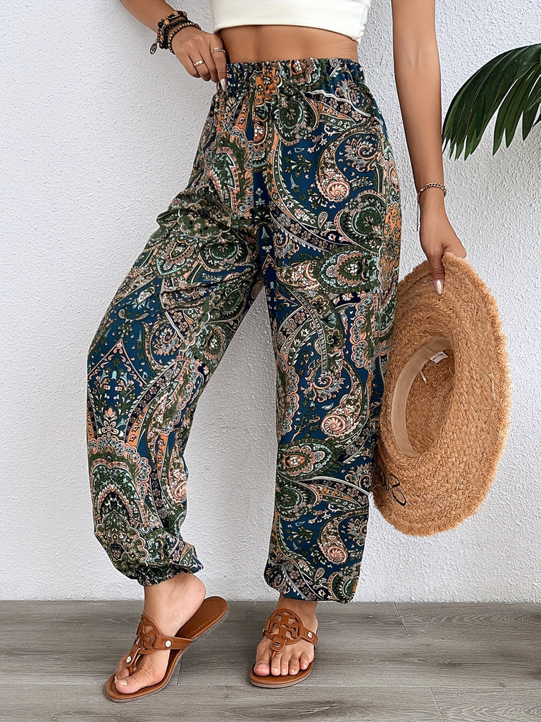 Paisley Print Fitted Bottom Joggers, Casual High Waist Pants For Spring & Summer, Women's Clothing