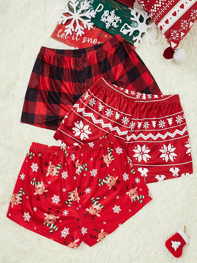 3-Pack Women's Christmas Pajama Shorts, Festive Holiday Sleepwear, Polyester Knit Lounge Pants, Adult Size, Seasonal Home Wear