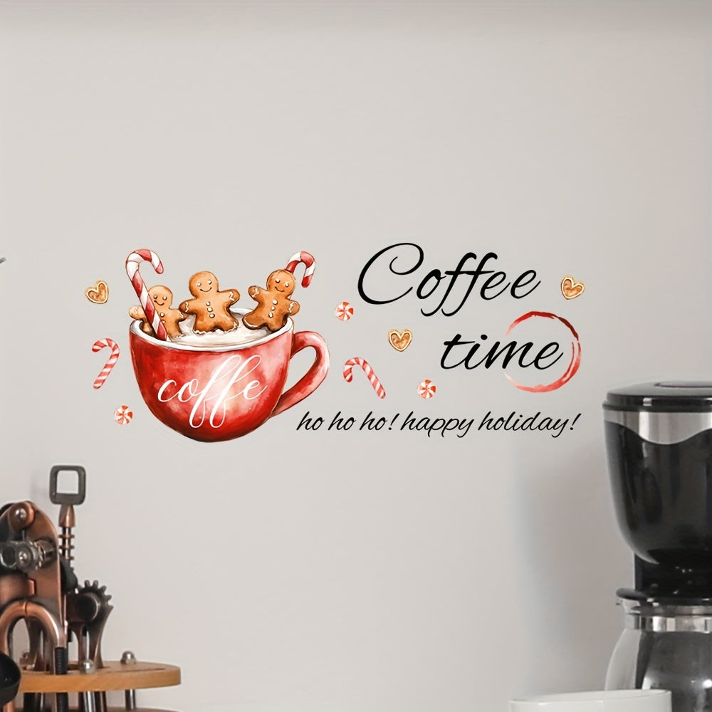 Festive Christmas Kitchen Wall Decor Stickers: Coffee Time Quotes Decals with Gingerbread Men And Candies, Peel And Stick Wallpaper, DIY Removable Wall Art Decals Mural Posters Home Decor