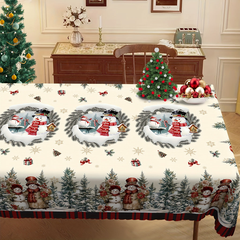 Christmas Snowman Tablecloth with Pine Tree Design - Durable Polyester Holiday Table Decor for Home, Parties - Universal Fit, Machine Made, Perfect for Christmas, Winter, New Year Celebrations - Pack of 1