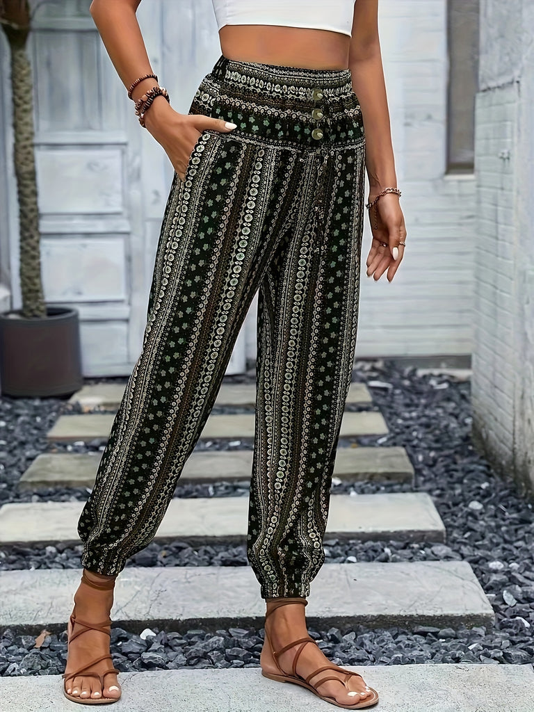 Chic Tribal Print Boho Jogger Pants - Fashionable High Waist, Comfortable Loose Fit with Eye-Catching Buttons - Perfect for Spring & Summer - Womens Bohemian Style Clothing