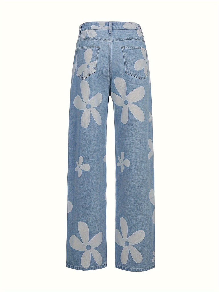 Women's Flower Print Y2K Fashion Wide Leg High Waist Denim Pants Boyfriend Jeans Loose Fit Vintage Jeans For Teen Girls