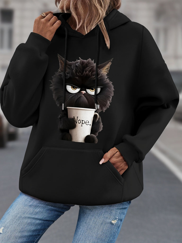 Cat Print Long Sleeve Hoodie, Drawstring Casual Hooded Sweatshirt, Women's Clothing